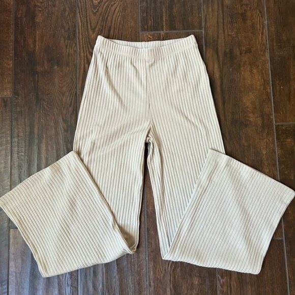 Princess Polly Pants Womens 6 Beige Ribbed Flare Pull On Elastic Waist - Picture 1 of 4